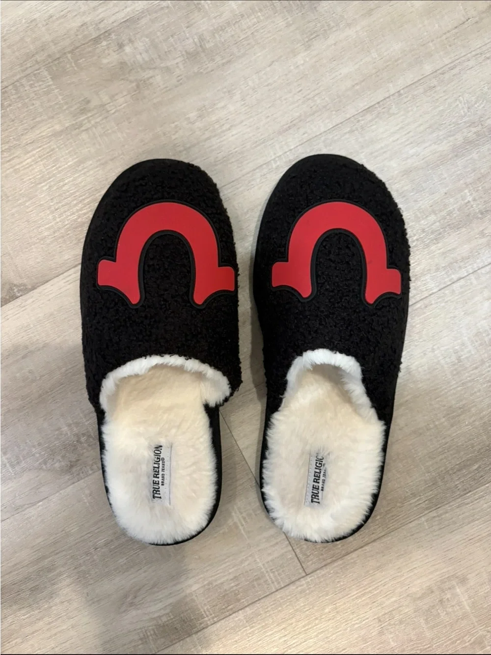 True Religion Black Sherpa Slippers with Red Horseshoe Accent